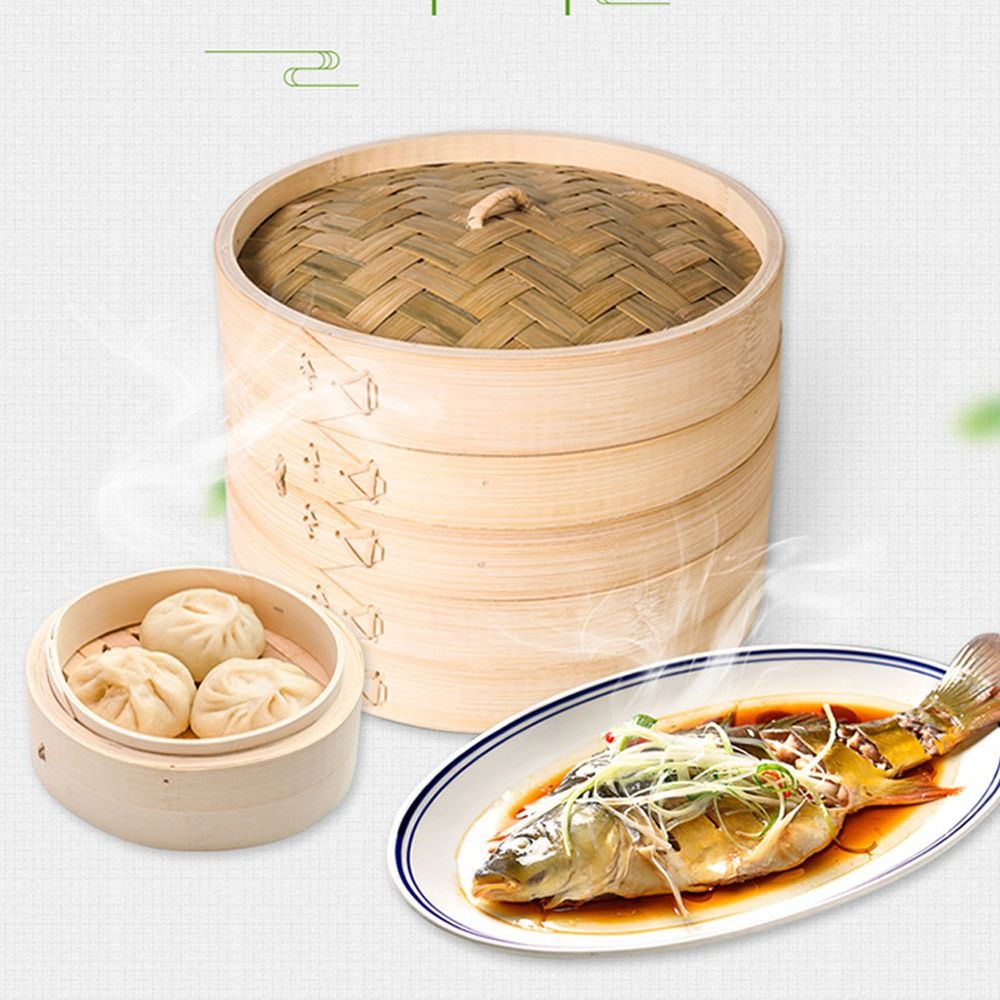Bao Steamer Bamboo - 중국식 찜기, 뚜껑이 있는 대나무 찜기,